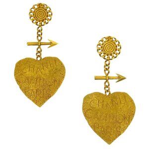 Chanel Dangle Heart Arrow Earrings Gold Clip-On 93P 134785